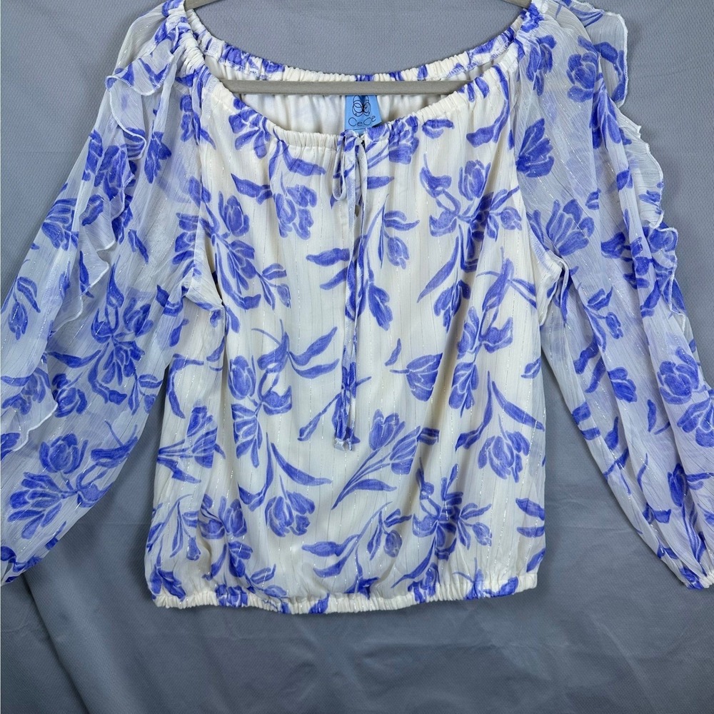 CeCe Blue Floral Metallic Stripe Ruffle Off Shoulder Blouse Large